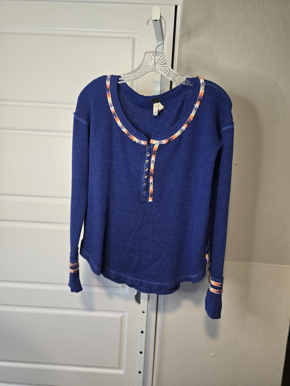 We The Free Royal Blue Long Sleeve Henley with Pink & Orange Trim